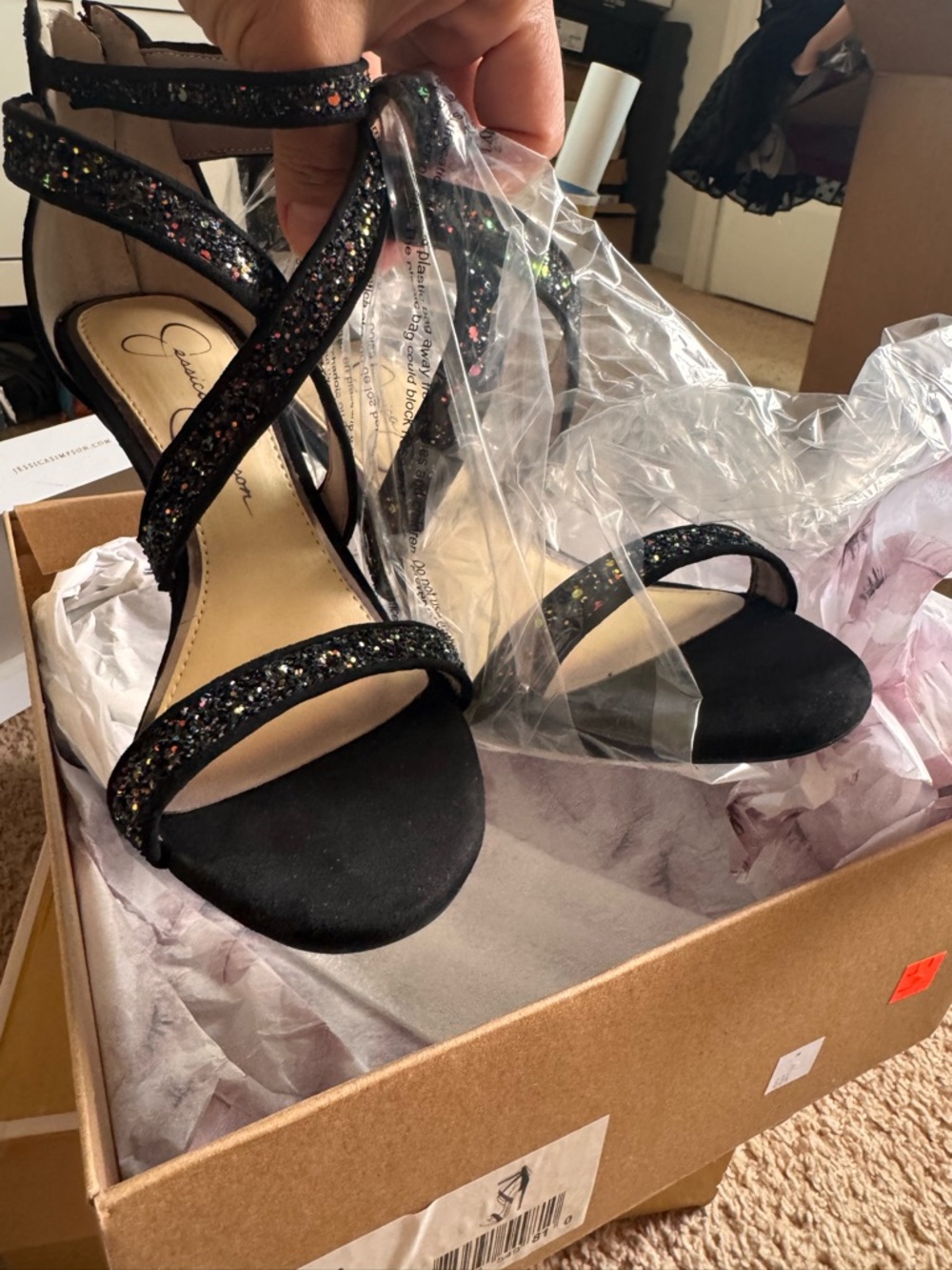 Jessica Simpson Black Glitter Strappy Heeled Sandals - Picture 3 of 7